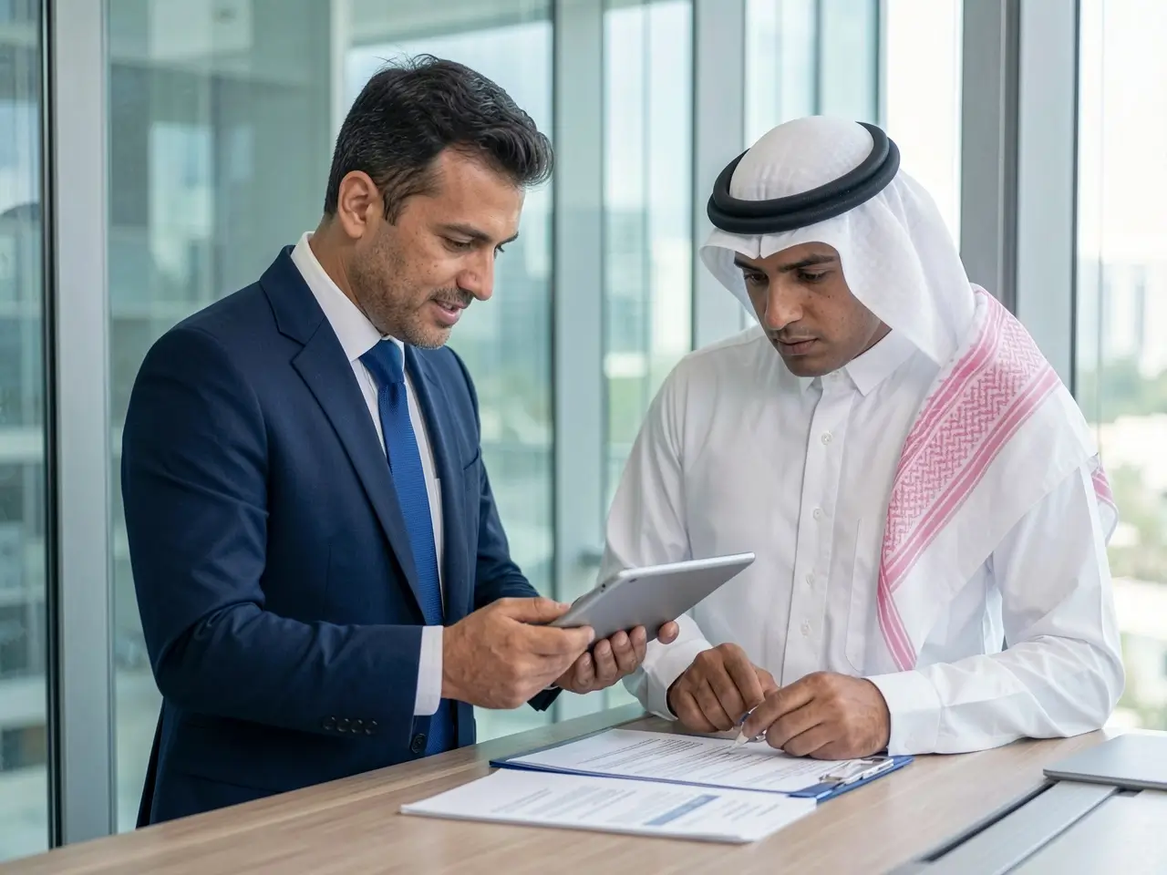 Business professionals discussing UAE and GCC regulatory compliance, workforce mobility, and strategic corporate solutions.